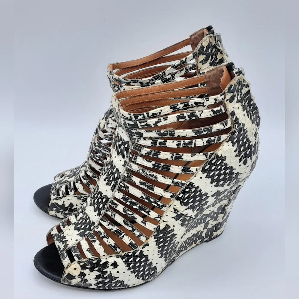 Rebecca Minkoff Sydney Snake Print Cage Wedge Sandal Size 7.